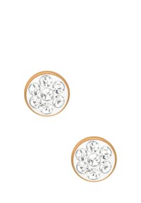 Orecchini a cerchio con montature in metallo dorato che presentano strass trasparenti disposti in un motivo circolare. Superficie liscia, finitura lucida.