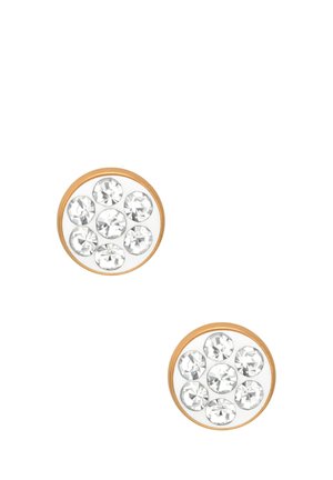 Orecchini a cerchio con montature in metallo dorato che presentano strass trasparenti disposti in un motivo circolare. Superficie liscia, finitura lucida.