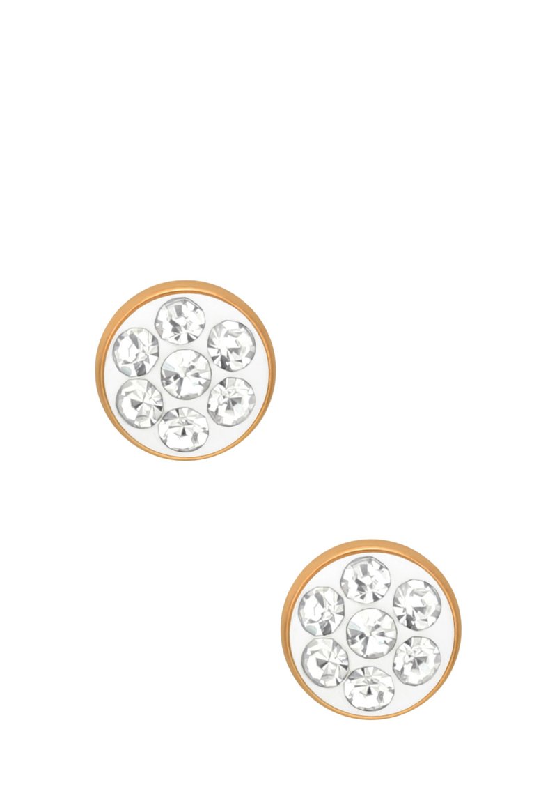 Orecchini a cerchio con montature in metallo dorato che presentano strass trasparenti disposti in un motivo circolare. Superficie liscia, finitura lucida.