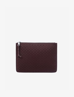 Dark brown leather clutch with woven texture, rectangular shape, and zipper closure with a leather pull tab on a plain background.