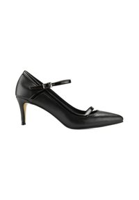 Chaussure à talon haut en cuir noir avec un bout pointu et une bride de cheville. Présente une texture lisse et un design épuré et minimaliste.