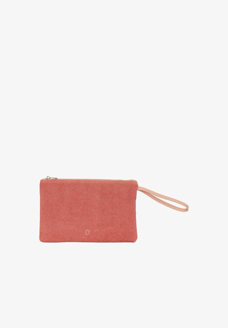 Pink fabric pouch with a smooth texture, rectangular shape, zipper closure, and a wrist strap for easy carrying.