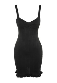 Robe noire ajustée sans manches avec fines bretelles, texture côtelée ajustée, encolure en cœur et ourlet à volants en bas.