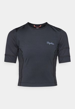 Kortærmet cykeltrøje i mørk navy med en blød tekstur, der har kontrasterende sidelapper og et diskret logo på brystet.