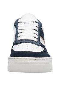Navy suede and white leather sneaker with white laces, perforated toe, and cream rubber sole. Features a side stripe in a metallic hue.