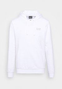 Bílá bavlněná mikina s kapucí na šňůrku, kapsou typu klokanka a jemným šedým logem EA7. Hladká textura, žebrované manžety a lem.