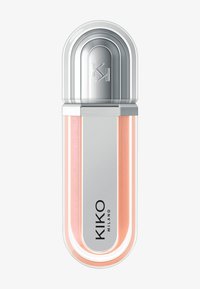 Glansig persikofärgad läppglans med silverlock och KIKO MILANO-logotyp på en genomskinlig rektangulär tube.