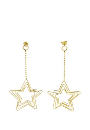 Orecchini a forma di stella dorata con design stratificati e finitura liscia. Attaccati da una catena con accenti di perline rotonde.