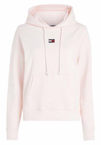 Růžová mikina s kapucí vyrobená z měkké tkaniny. Obsahuje přední kapsu, šňůrku na kapuci a malou nášivku loga na hrudi. Žebrované manžety.