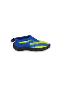 Blaue und neongrüne Wasserschuhe mit einem Mesh-Obermaterial, Gummisohle und einem elastischen Fersenverschluss für einen sicheren Sitz. Leicht und flexibles Design.