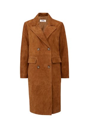 Bruine suède trenchcoat met een dubbele knoopsluiting, reverskraag, twee steekzakken aan de voorkant en knoopaccenten, met een gladde textuur.