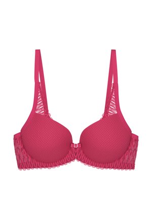 Molded bra in bright pink with mesh and lace detailing. Thin adjustable straps and a hook closure. Features decorative accents along the edges.