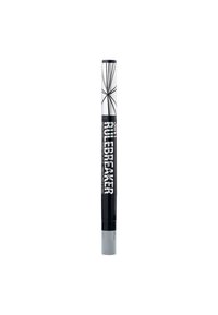 Penna per eyeliner nera e argento con un design geometrico sul tappo, caratterizzata da un testo audace "Rulebreaker" sul corpo e una punta grigia.
