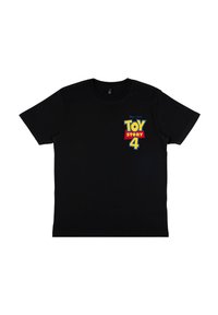 Sort bomulds T-shirt med et farverigt "Toy Story 4" grafisk design i gul, rød og blå på venstre brystområde. Kortærmet og rund hals.