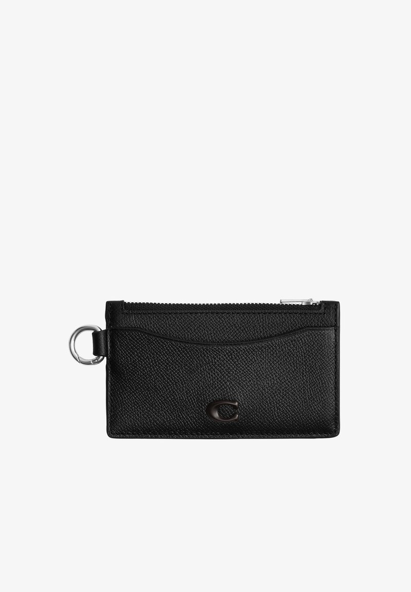 Porte-cartes en cuir noir texturé avec fermeture éclair en haut, poche avant, porte-clés en métal et logo embossé au centre devant.
