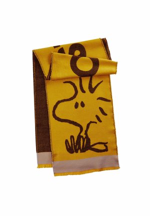 Yellow and brown scarf with abstract dark line drawing, folded to show part of the design and fringed edges.