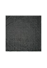Coperte nera intrecciata con una finitura testurizzata. Presenta bordi frangiati. Il materiale suggerisce calore e durabilità. Forma rettangolare, superficie liscia.