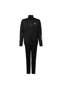 Survêtement noir Adidas avec veste zippée comportant un logo sur la poitrine et pantalon assorti, présenté sur fond blanc uni.
