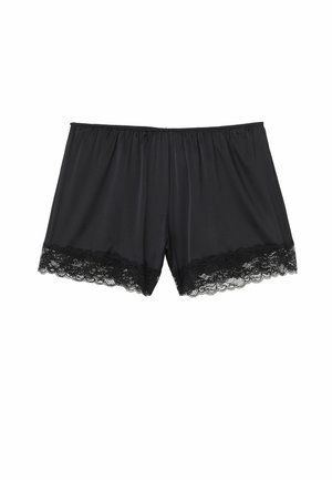 Svarta shorts i ett glatt material med elastisk midja. nederkant har en dekorativ spetsdetalj för extra stil.