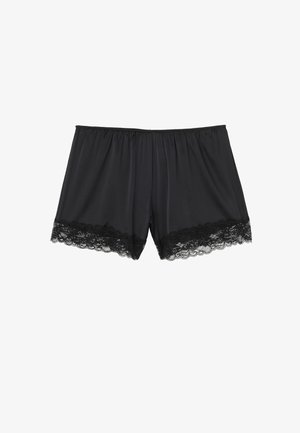 Zwarte shorts van glad materiaal met een elastische tailleband. De zoom heeft een decoratieve kantafwerking voor extra detail.