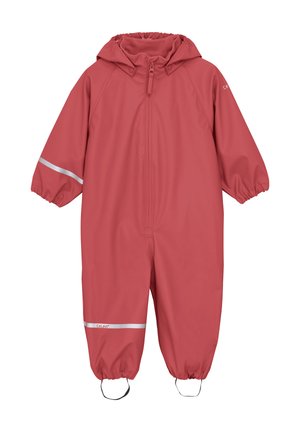 Peto impermeable rosa con capucha, puños elásticos, rayas reflectantes plateadas y correas para los pies que garantizan un ajuste seguro. Fabricado con material duradero.