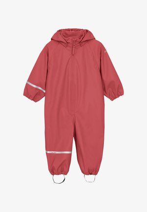 Peto impermeable rosa con capucha, puños elásticos, rayas reflectantes plateadas y correas para los pies que garantizan un ajuste seguro. Fabricado con material duradero.