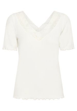 Top bianco a maniche corte con scollo a V, caratterizzato da un bordo in pizzo al colletto. L'orlo e le maniche presentano un leggero bordo scallop.