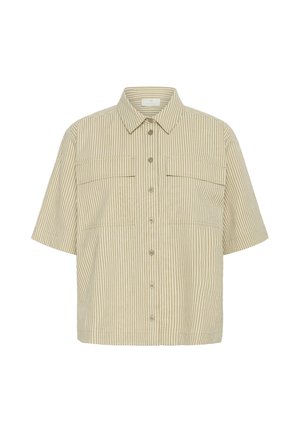 Kortærmet skjorte med knapper i beige med lodrette striber. Har to brystlommer og en klassisk krave. Fremstillet af letvægtsstof.