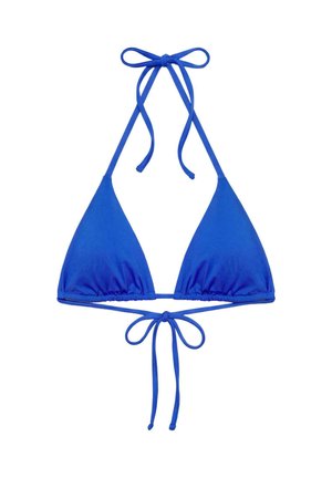 Top bikini triangolo blu con collo halter e lacci sulla schiena su sfondo bianco.