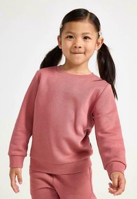 Pink sweatshirt made of soft material with a round neckline and long sleeves, featuring ribbed cuffs and hem. Worn with matching pants.
