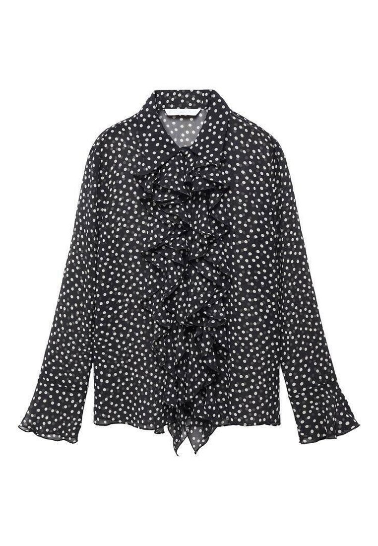 Schwarze transparente Bluse mit weißen Punkten, mit Rüsche an der Vorderseite, langen Ärmeln und Knopfverschluss am Kragen. Mit weit ausgestellten Manschetten akzentuiert.