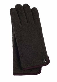 Guanti a maglia marrone scuro con una finitura testurizzata, caratterizzati da un bordo bordeaux e un piccolo logo. Design a cinque dita per una copertura completa della mano.