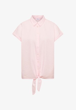 Hellrosa, kurzärmeliges Hemd mit Knöpfen und Kragen, dezenten vertikalen Streifen, strukturierter Stoff und vorderer Knoten am Saum.