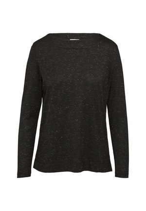 Chemise noire à manches longues en tissu texturé avec un col rond et une coupe légèrement ample. Présente des éclats blancs subtils sur l'ensemble.