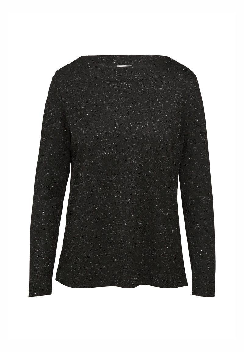 Schwarzes Langarmshirt aus strukturiertem Stoff mit rundem Ausschnitt und einem leicht lockeren Schnitt. Enthält dezente weiße Sprenkel.