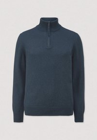 Dunkelblaues Pullover-Sweatshirt mit hohem Kragen, Viertelreißverschluss, gerippten B ündchen und Saum. Aus weichem, strukturiertem Material gefertigt. Einfaches, einfarbiges Design.