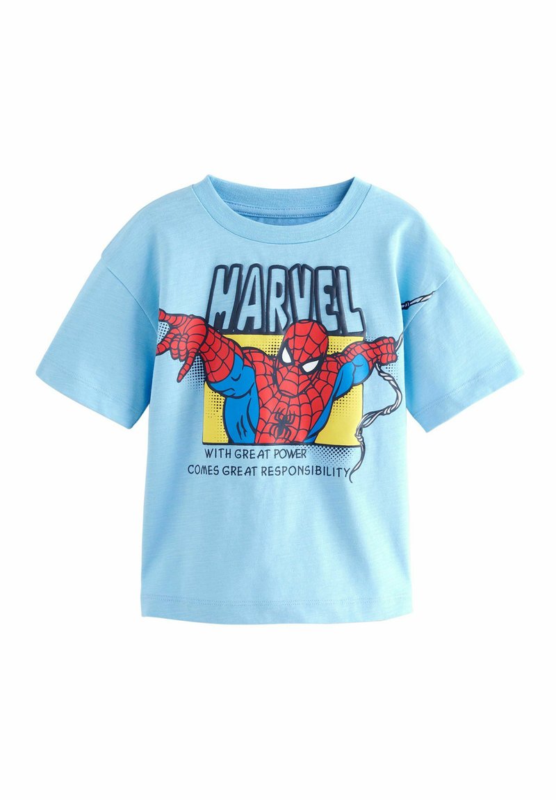 Helles blaues, kurzärmeliges Baumwoll-T-Shirt mit einem Spider-Man-Graphic und dem Text "MARVEL" sowie einem Zitat darunter in fetter schwarzer Schrift.