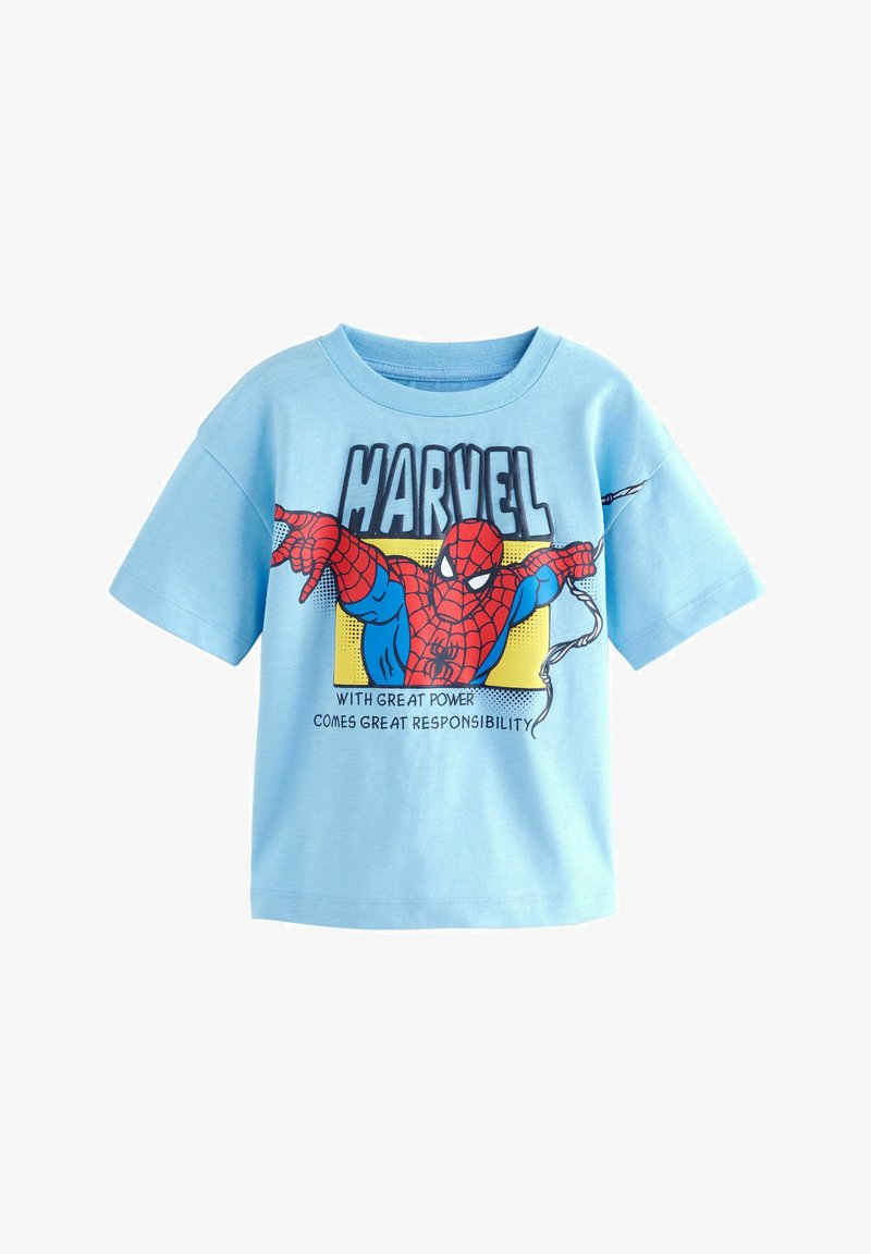 Camiseta de algodón azul claro con mangas cortas que presenta un gráfico de Spider-Man y el texto "MARVEL CON UN GRAN PODER VIENE UNA GRAN RESPONSABILIDAD."