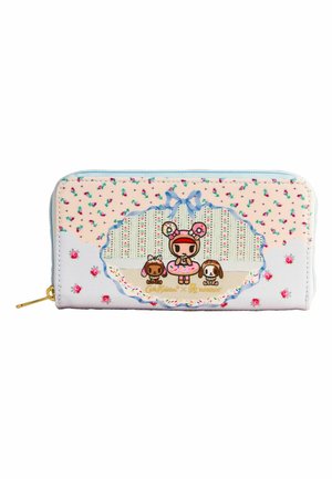 Pochette rose pastel à fermeture éclair avec petit motif floral et une fille dessin animé avec des oreilles de lapin et deux chiots dans un dessin central encadré.