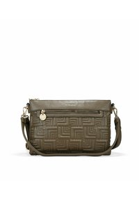 Bolso bandolera sintético de color verde oliva con patrón geométrico en relieve, herrajes dorados, cierre con cremallera y correa ajustable.
