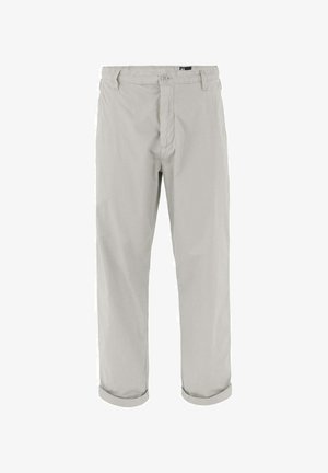 Lichtgrijze rechte broek met knoopsluiting, ceintuurlussen en opgerolde zoom.