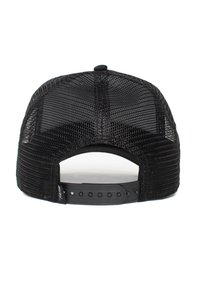 Gorra snapback negra con un frente de espuma estructurada y una parte trasera de malla. Presenta una banda ajustable con múltiples botones a presión para personalizar el tamaño.