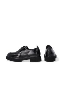 Schwarze Lederschuhe mit glänzender Oberfläche, runder Zehenform, Schnürung vorne und dickem Gummisohle. Mit gesteppten Details und abgerundetem Absatz.
