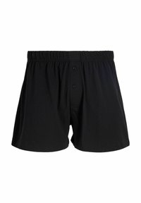 Boxers noirs unis pour hommes avec taille élastique et fermeture à deux boutons sur un fond blanc.