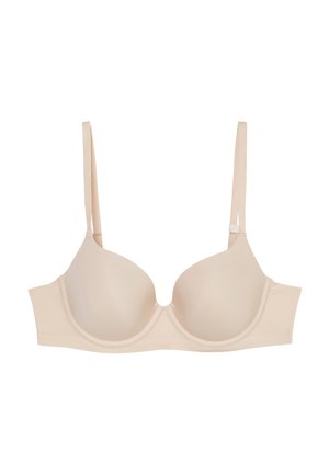 Beige vyztužená podprsenka s kosticemi, hladkými košíčky a nastavitelnými ramínky. Má bezešvý design a široký podband pro podporu.