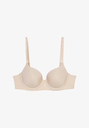 Beżowy biustonosz z wkładkami, z fiszbinami, gładkimi miseczkami i regulowanymi ramiączkami. Posiada bezszwowy design z szerokim pasem dolnym dla wsparcia.