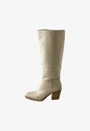 Knee-high beige leather boots with a square toe and a stacked wooden heel. Smooth texture with subtle creasing, designed for a fitted look.