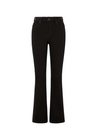 Vaqueros negros de campana hechos de mezclilla. Presentan una cintura de talle medio, trabillas para cinturón, bolsillos frontales y cierre frontal con botones. Textura suave.