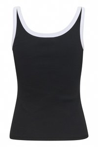 Top in cotone nero a costine con una forma aderente, caratterizzato da un bordo bianco lungo il collo e le aperture delle maniche. Senza ulteriori motivi o dettagli.