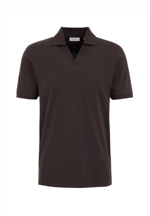 Short-sleeve polo shirt in dark brown cotton with a V-neck design and subtle stitching details, featuring a small logo on the lower hem.